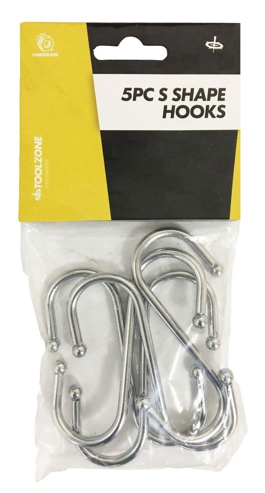 S HOOKS 5pc SMALL 100mm x 5mm CHROME PLATED STEEL BALL END - TOOLZONE KDPHW028
