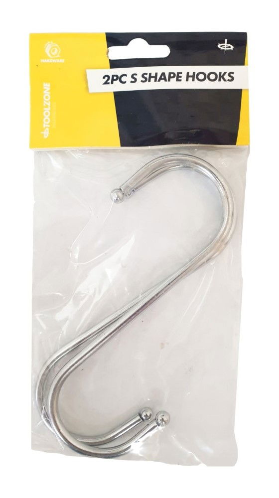 S HOOKS 2pc LARGE 160mm x 6mm CHROME PLATED STEEL BALL END - TOOLZONE KDPHW029
