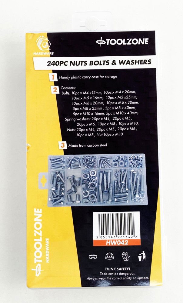 NUTS BOLTS AND WASHERS ASSORTMENT 240pc CARBON STEEL M4-M10 - TOOLZONE KDPHW042