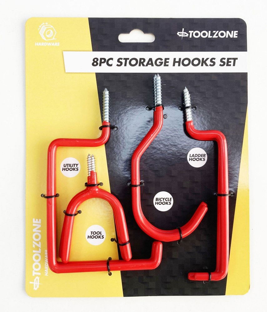 STORAGE HOOK SET 8pc RED PVC COATED ASSORTED SHAPES - TOOLZONE KDPHW061