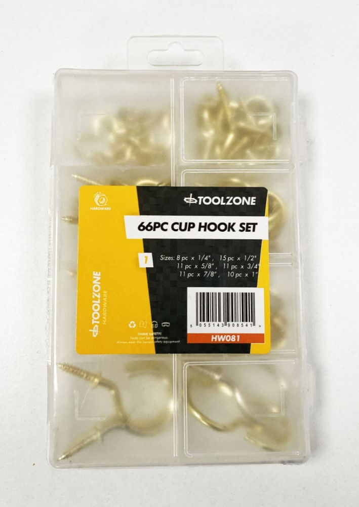 CUP HOOKS ASSORTED SET 66pc BRASS COATED 1/2-1 1/4 - TOOLZONE KDPHW081