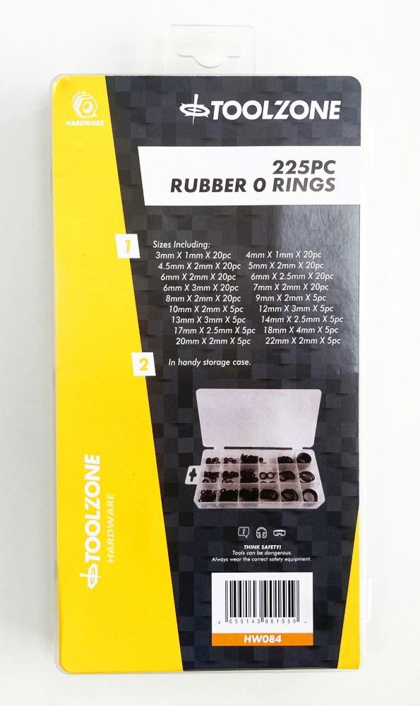 RUBBER O RING ASSORTMENT 225pc IN POLY BOX - TOOLZONE KDPHW084