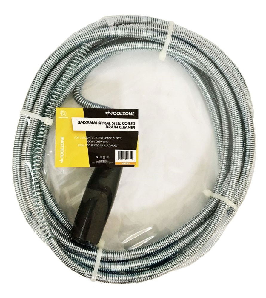 DRAIN CLEANER COILED SPRING STEEL 5m x 9mm - TOOLZONE KDPHW097