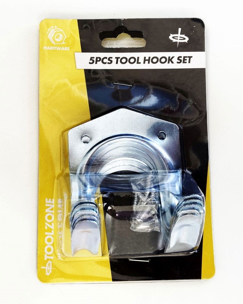 TOOL HOOK SET 5pc 75mm HEIGHT WITH FIXINGS - TOOLZONE KDPHW154