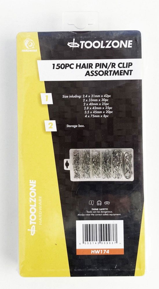 HAIR PIN R CLIP ASSORTMENT 150pc IN STORAGE BOX - TOOLZONE KDPHW174