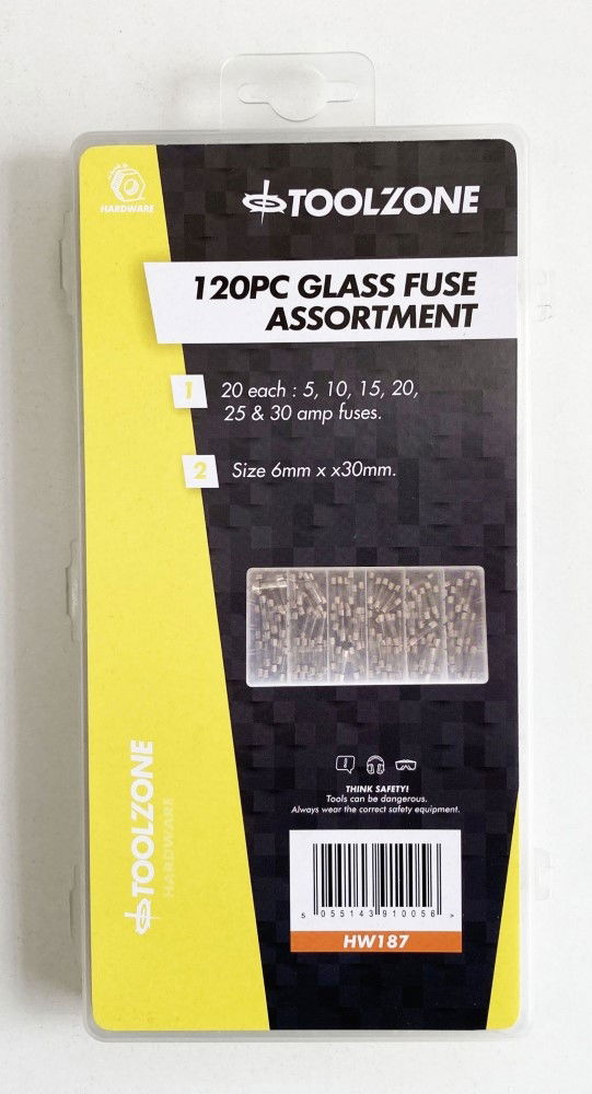 GLASS FUSE ASSORTMENT 120pc 6x30mm IN STORAGE BOX - TOOLZONE KDPHW187