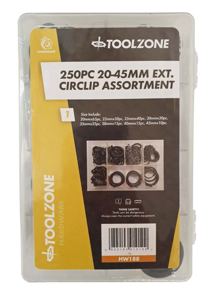 EXTERNAL CIRCLIP ASSORTMENT 250pc 20-45mm IN STORAGE BOX - TOOLZONE KDPHW188