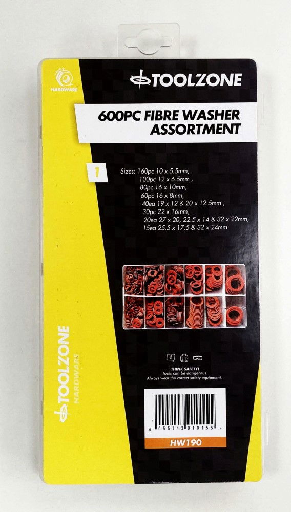 FIBRE WASHER ASSORTMENT 600pc IN STORAGE BOX - TOOLZONE KDPHW190