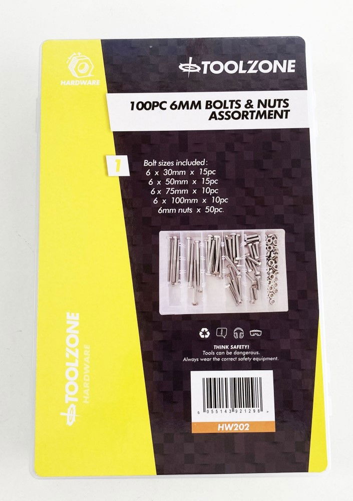 BOLT AND NUT ASSORTMENT M6 100pc IN STORAGE BOX - TOOLZONE KDPHW202