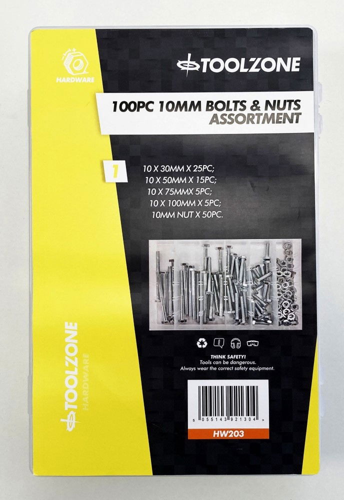 BOLT AND NUT ASSORTMENT M10 100pc IN STORAGE BOX - TOOLZONE KDPHW203