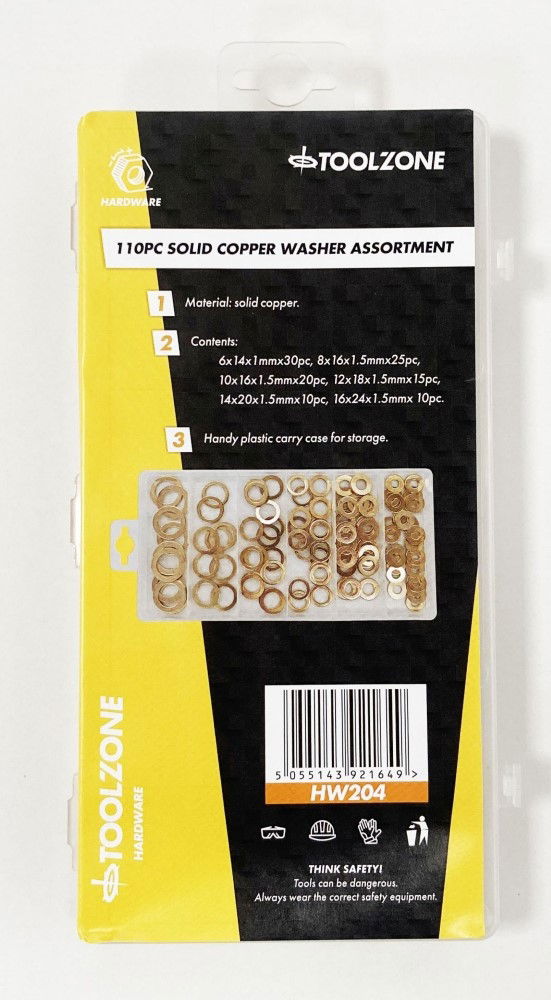 COPPER WASHER ASSORTMENT 110pc IN SLIMLINE STORAGE BOX - TOOLZONE KDPHW204