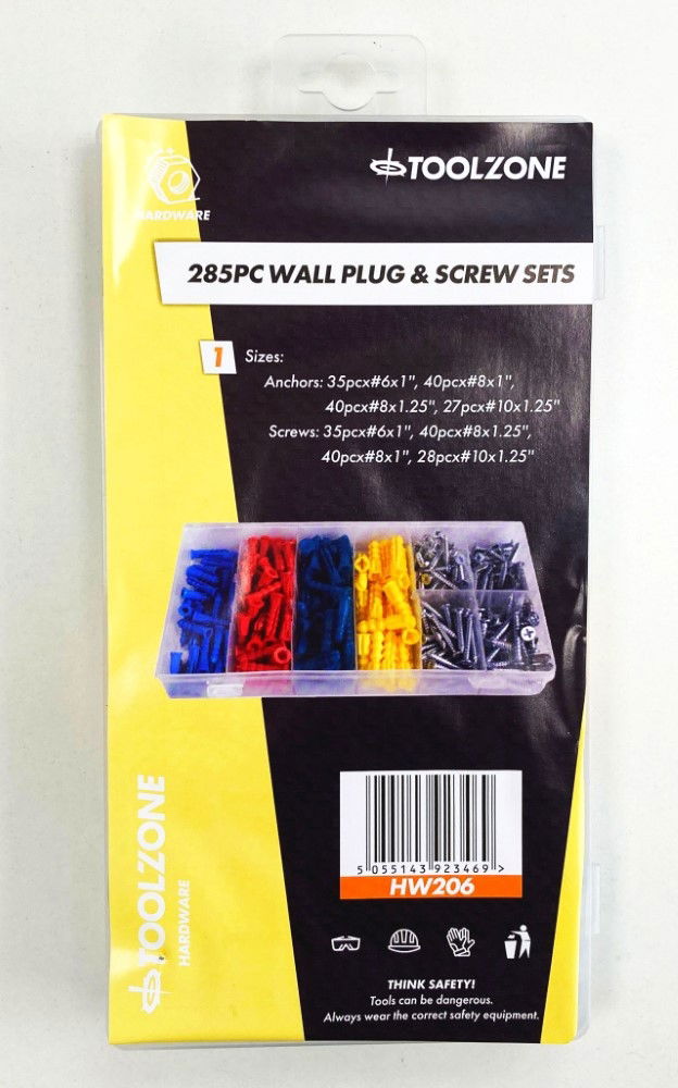 WALL PLUG AND SCREW ASSORTMENT 285pc IN STORAGE BOX - TOOLZONE KDPHW206