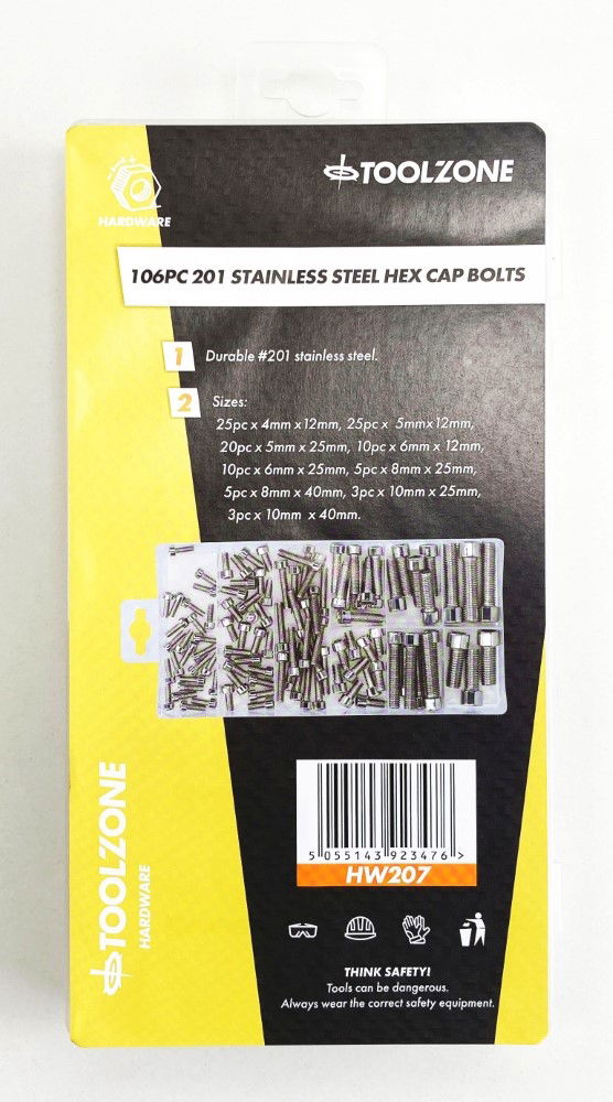 HEX CAP BOLT ASSORTMENT STAINLESS STEEL 201 106pc IN STORAGE BOX - TOOLZONE KDPHW207
