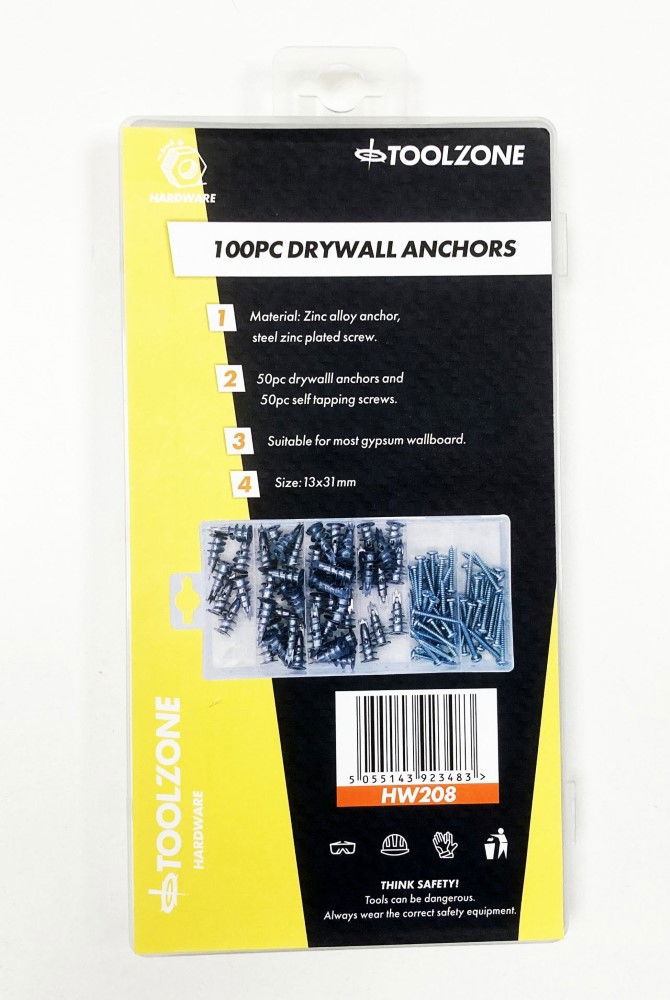 DRYWALL ANCHOR ASSORTMENT 100pc 13x31mm IN STORAGE BOX - TOOLZONE KDPHW208