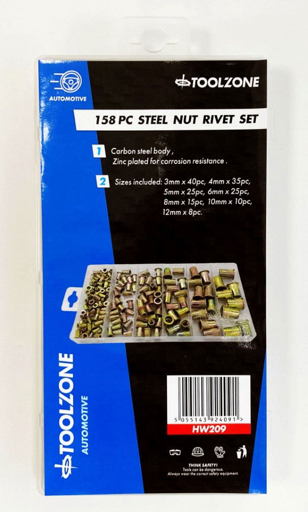 RIVET NUT ASSORTMENT STEEL FLANGE HEAD 158pc IN STORAGE BOX - TOOLZONE KDPHW209
