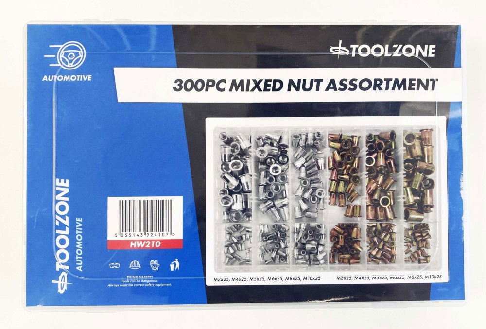 RIVET NUT ASSORTMENT MIXED STEEL AND ALUMINIUM FLANGE HEAD 300pc - TOOLZONE KDPHW210