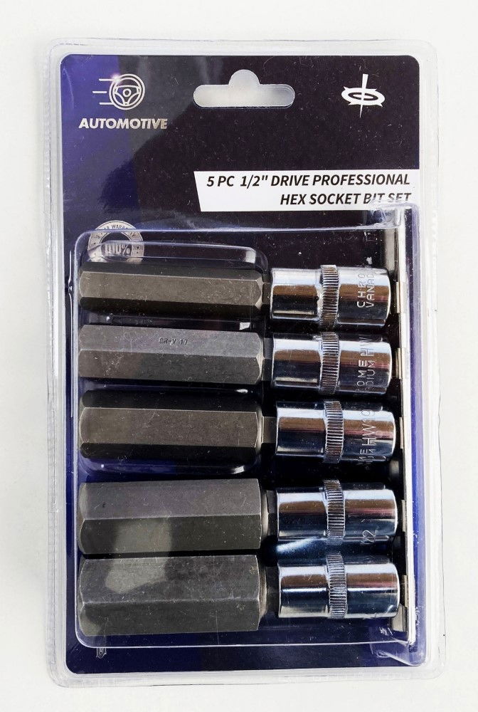 HEX BIT SET EXTRA LONG 1/2 DRIVE 5pc H14-H24 100mm CHROME VANADIUM - TOOLZONE KDPHX015