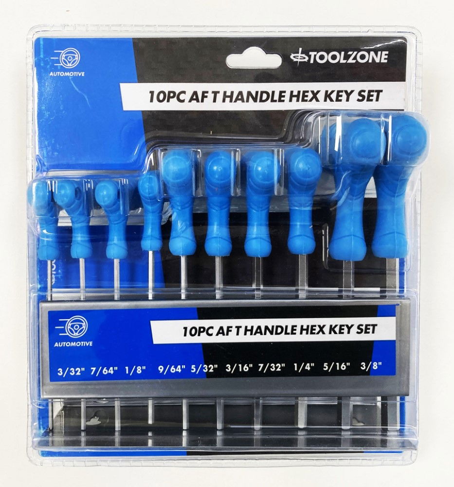 HEX KEY SET T HANDLE AF 10pc IN RACK CHROME VANADIUM - TOOLZONE KDPHX016