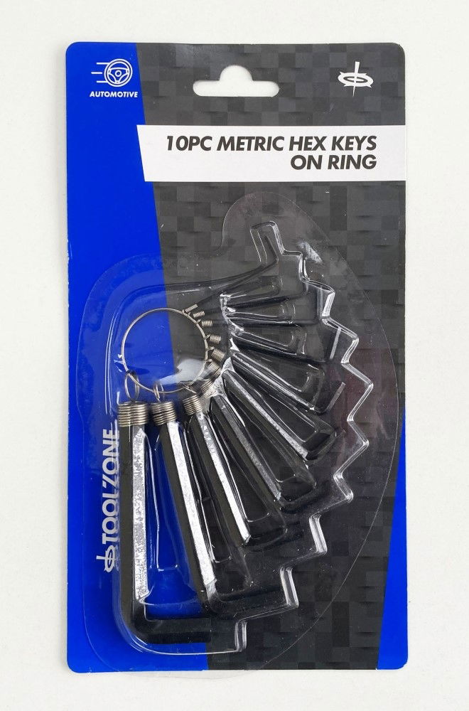 HEX KEY SET METRIC 10pc 1.5-10mm ON RING CARBON STEEL - TOOLZONE KDPHX018