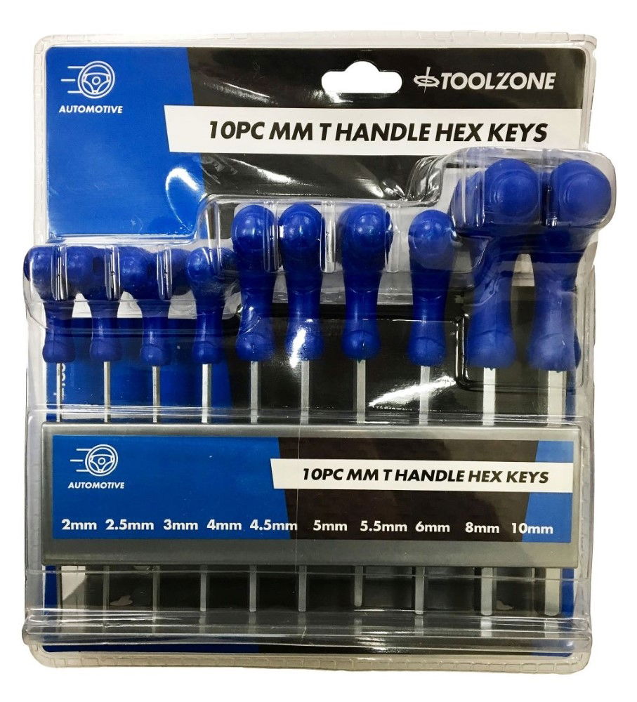 HEX KEY SET T HANDLE METRIC 10pc IN RACK CHROME VANADIUM - TOOLZONE KDPHX027