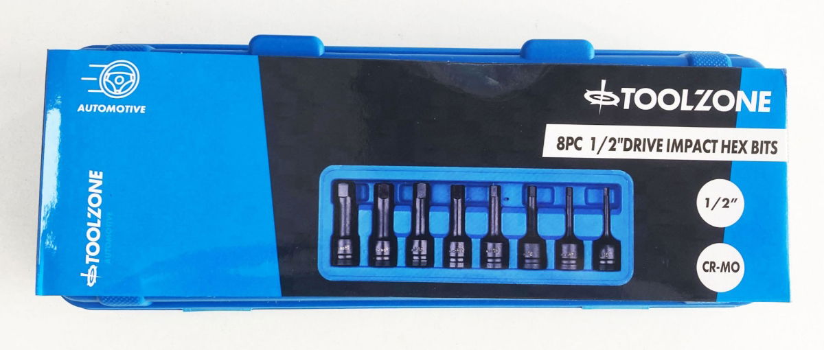 IMPACT HEX BIT SET METRIC 1/2 DRIVE 8pc 5-19mm CHROME MOLYBDENUM - TOOLZONE KDPHX057