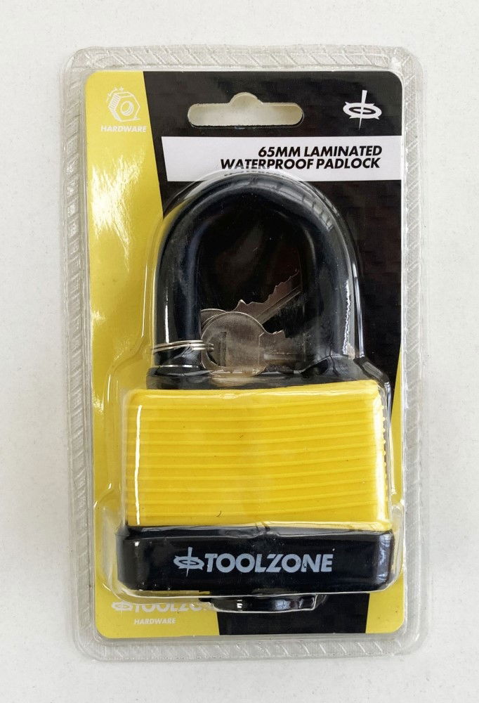 PADLOCK LAMINATED WEATHERPROOF 65mm SHACKLE 8mm WITH 3 KEYS - TOOLZONE KDPLK007
