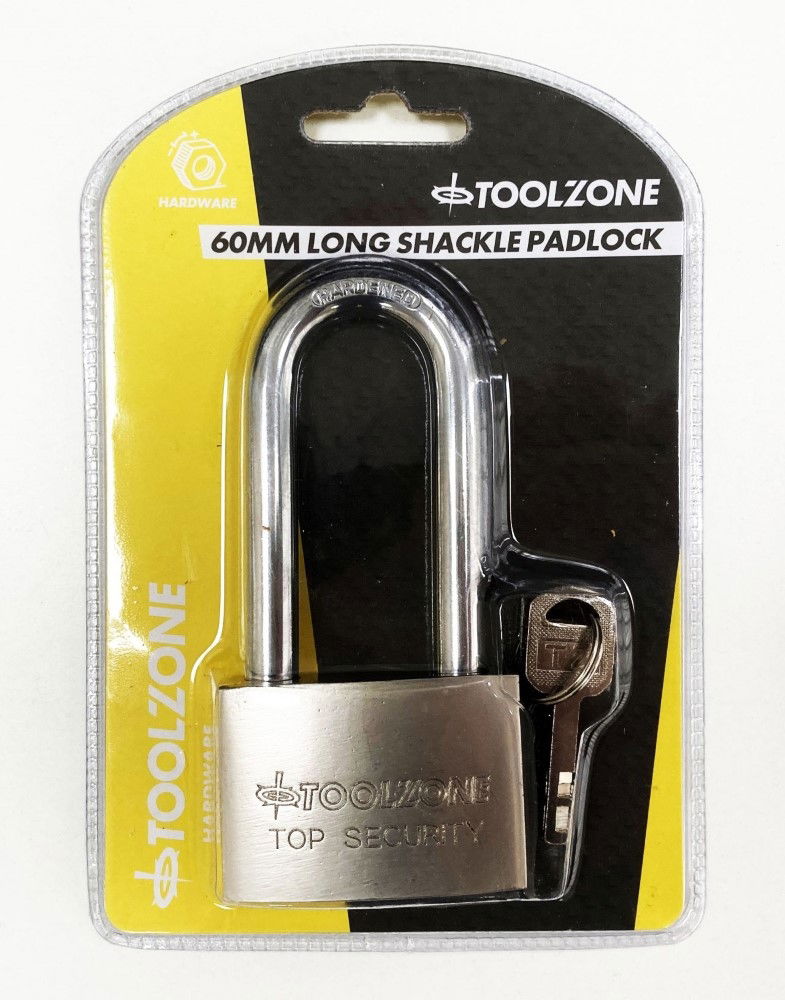 PADLOCK LONG SECURITY 60mm SOLID STEEL WITH 4 KEYS - TOOLZONE KDPLK024