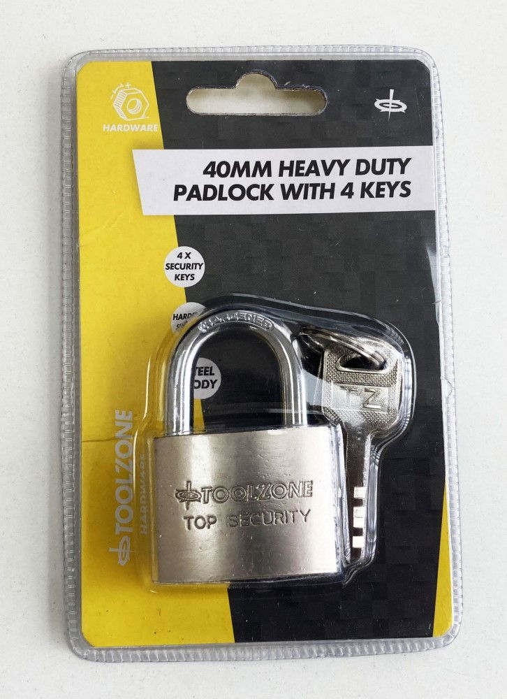 PADLOCK SECURITY 40mm SOLID STEEL WITH 4 KEYS - TOOLZONE KDPLK025