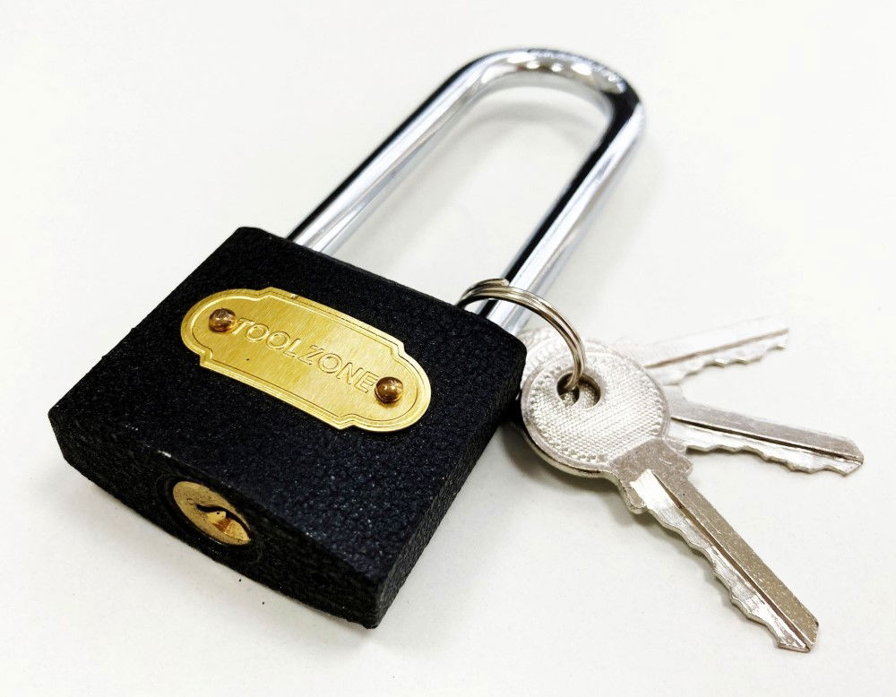 PADLOCK LONG SHANK CAST IRON 38mm 65mm SHACKLE WITH 3 KEYS - TOOLZONE KDPLK031