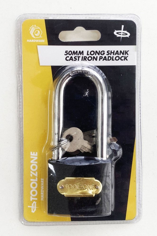 PADLOCK LONG SHANK CAST IRON 50mm WITH 3 KEYS - TOOLZONE KDPLK032