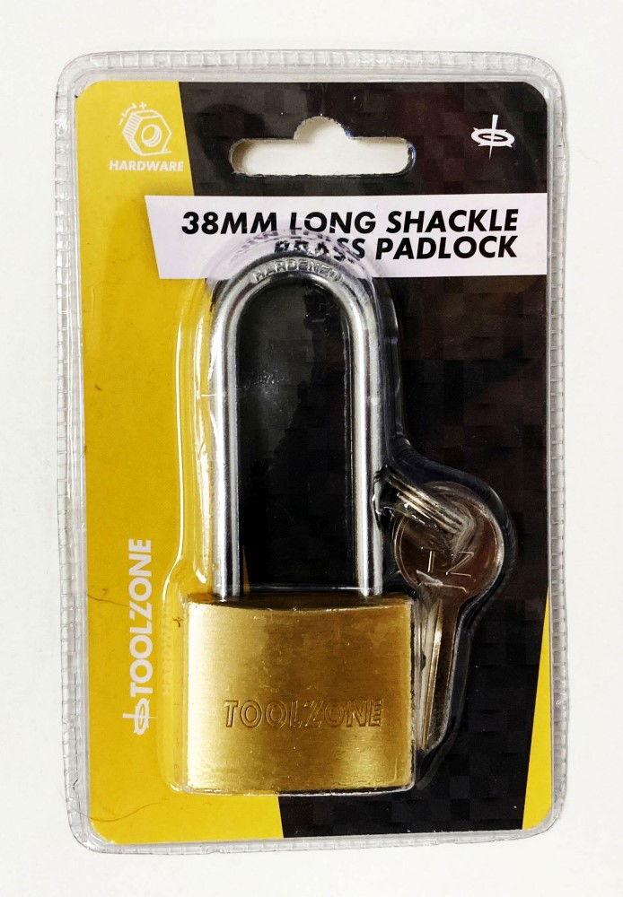 PADLOCK LONG SHANK BRASS 38mm 57mm SHACKLE WITH 3 KEYS - TOOLZONE KDPLK040