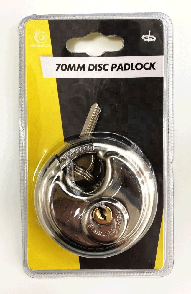 PADLOCK DISC 70mm HARDENED SHACKLE WITH 2 KEYS - TOOLZONE KDPLK050