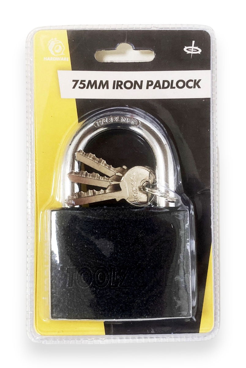 PADLOCK IRON 75mm HARDENED SHACKLE BRASS CORE WITH 3 KEYS - TOOLZONE KDPLK112