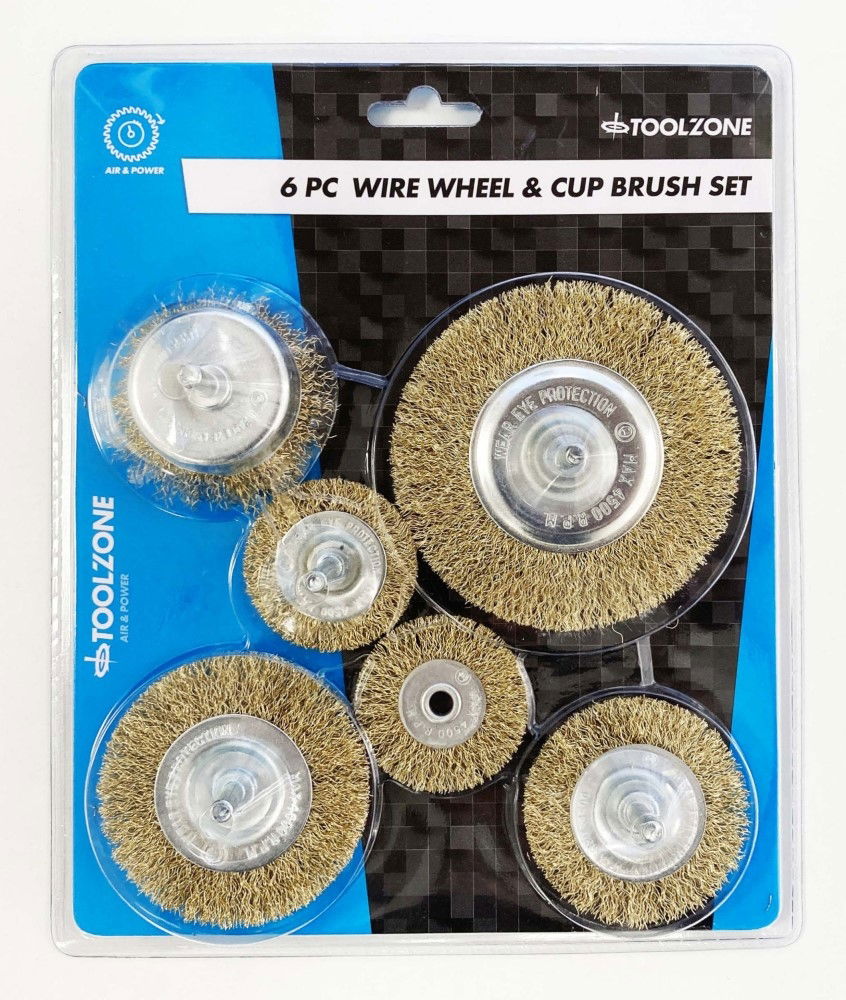 ROTARY WIRE WHEEL AND CUP BRUSH SET 6 PIECE 38/50/63/75mm 6mm SHANK - TOOLZONE KDPPA083