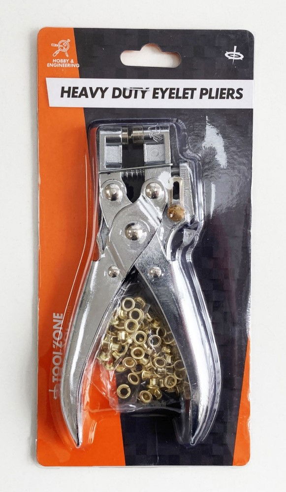 EYELET PLIERS HEAVY DUTY 165mm CHROME PLATED WITH 100PC BRASS EYELETS - TOOLZONE KDPPL230