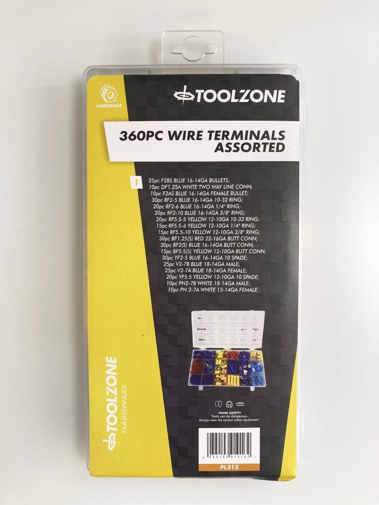 WIRE TERMINALS ASSORTMENT BOX 360PC BRASS 12-10ga 16-14ga 22-16ga - TOOLZONE KDPPL312