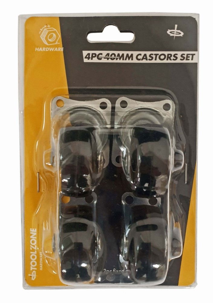 CASTOR WHEELS SET 4PC 40mm 2 SWIVEL 2 FIXED POLYPROPYLENE - TOOLZONE KDPRM005