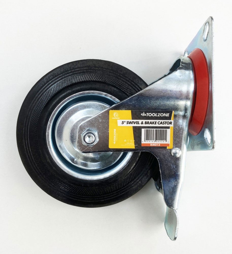 CASTOR SWIVEL WITH BRAKE 5 125mm RUBBER WHEEL STEEL PLATE 70kg - TOOLZONE KDPRM013