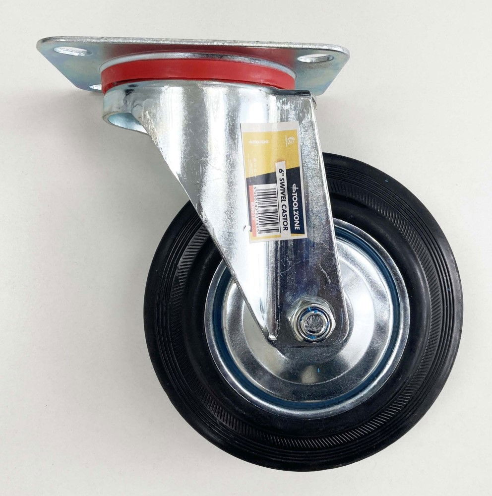 CASTOR SWIVEL 6 150mm RUBBER WHEEL STEEL PLATE 130kg - TOOLZONE KDPRM015