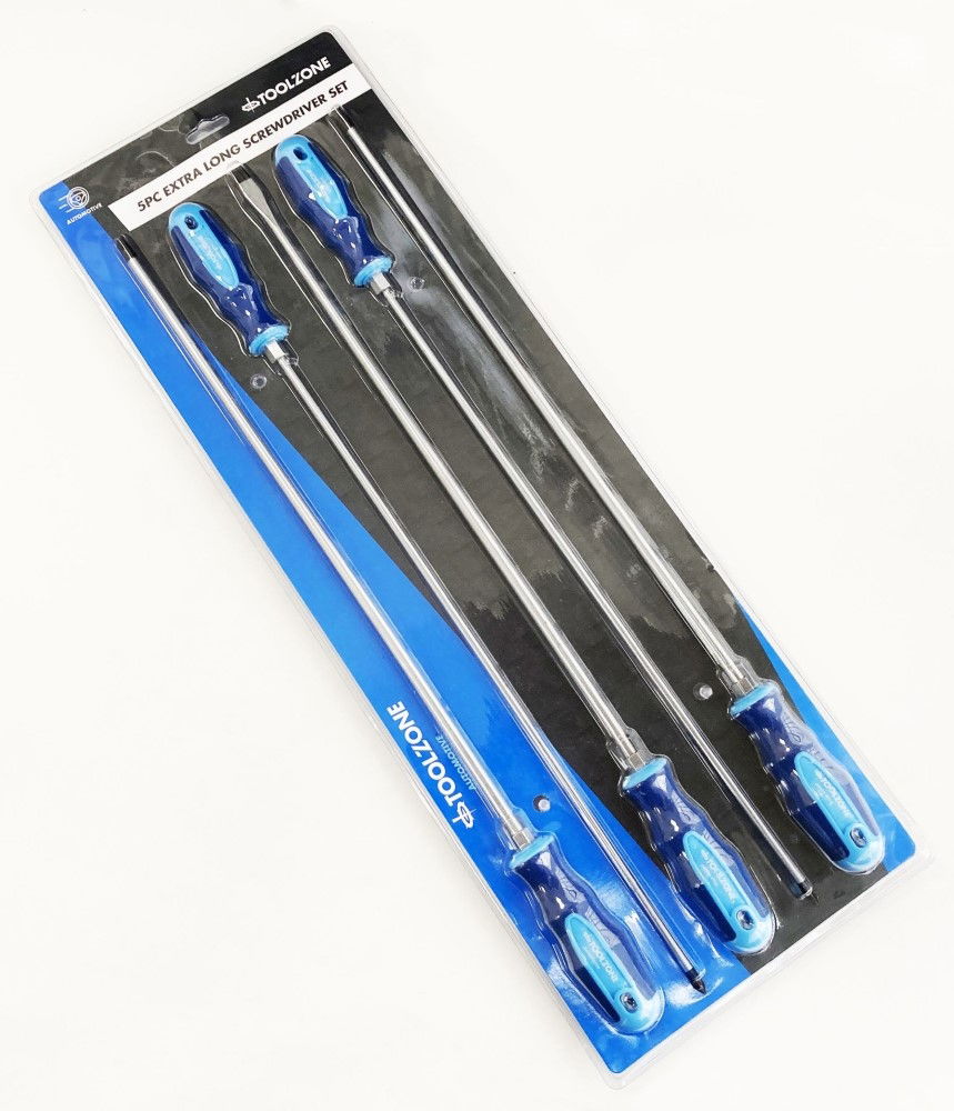 EXTRA-LONG SCREWDRIVER SET 5PC 450mm PZ2 PZ3 PH2 PH3 8mm - TOOLZONE KDPSD074