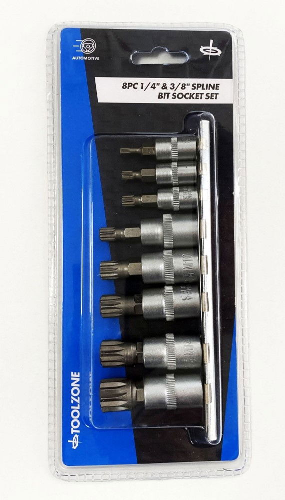 SPLINE BIT SOCKET SET 8PC 1/4 3/8 DRIVE M4-M16 ON RAIL - TOOLZONE KDPSD079