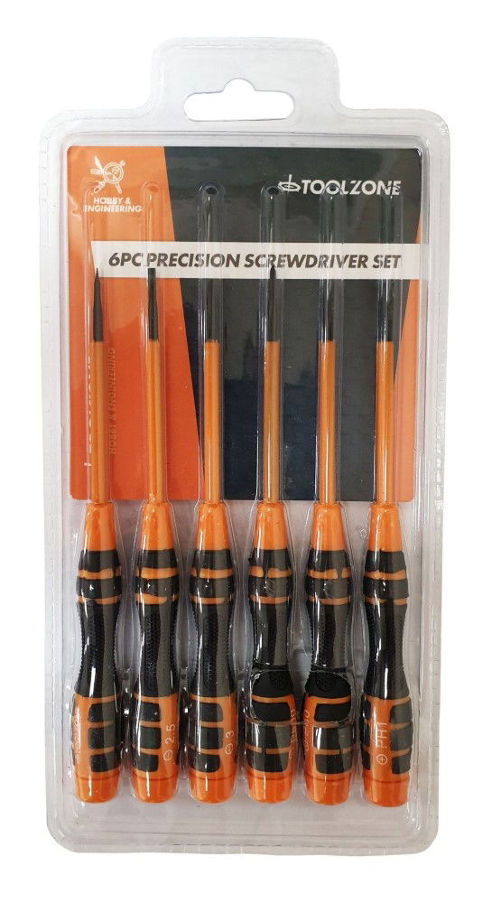 PRECISION SCREWDRIVER SET 6PC SOFT GRIP SLOT 2-3mm PH00-PH1 - TOOLZONE KDPSD086