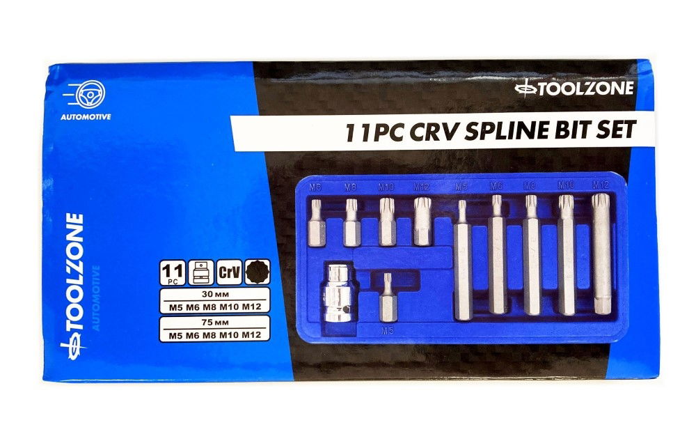 SPLINE BIT SET 11PC CRV M5-M12 30mm 75mm - TOOLZONE KDPSD098