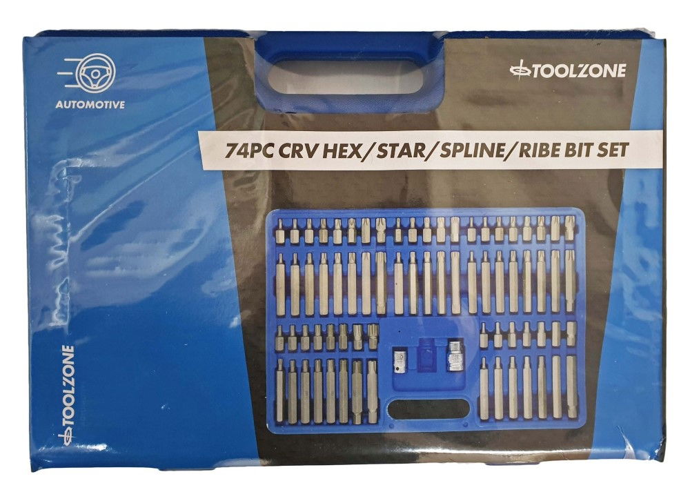 BIT SET 74PC CRV HEX STAR SPLINE RIBE 30mm 75mm - TOOLZONE KDPSD099
