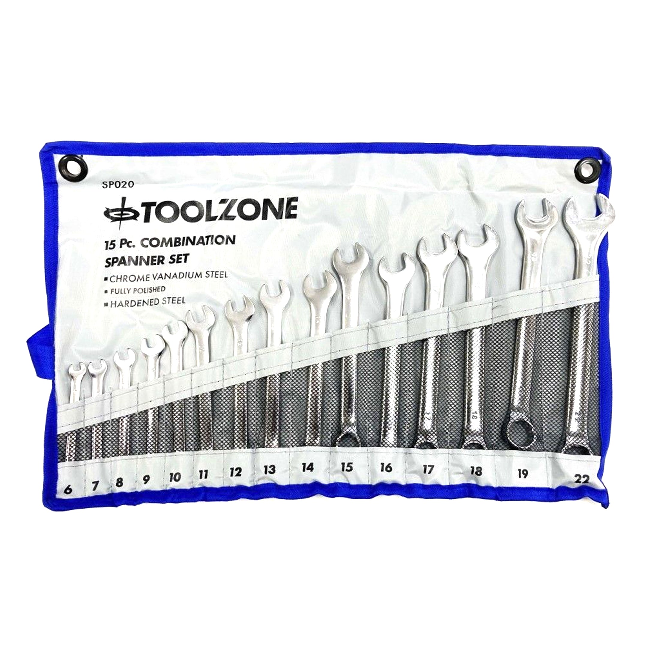 COMBINATION SPANNER SET 15PC 6-19mm 22mm CHROME VANADIUM SATIN - TOOLZONE KDPSP020