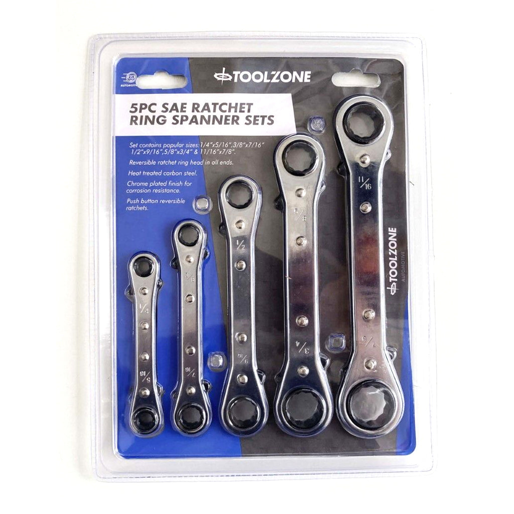 FLAT RATCHET RING SPANNER SET 5PC AF CHROME PLATED - TOOLZONE KDPSP030