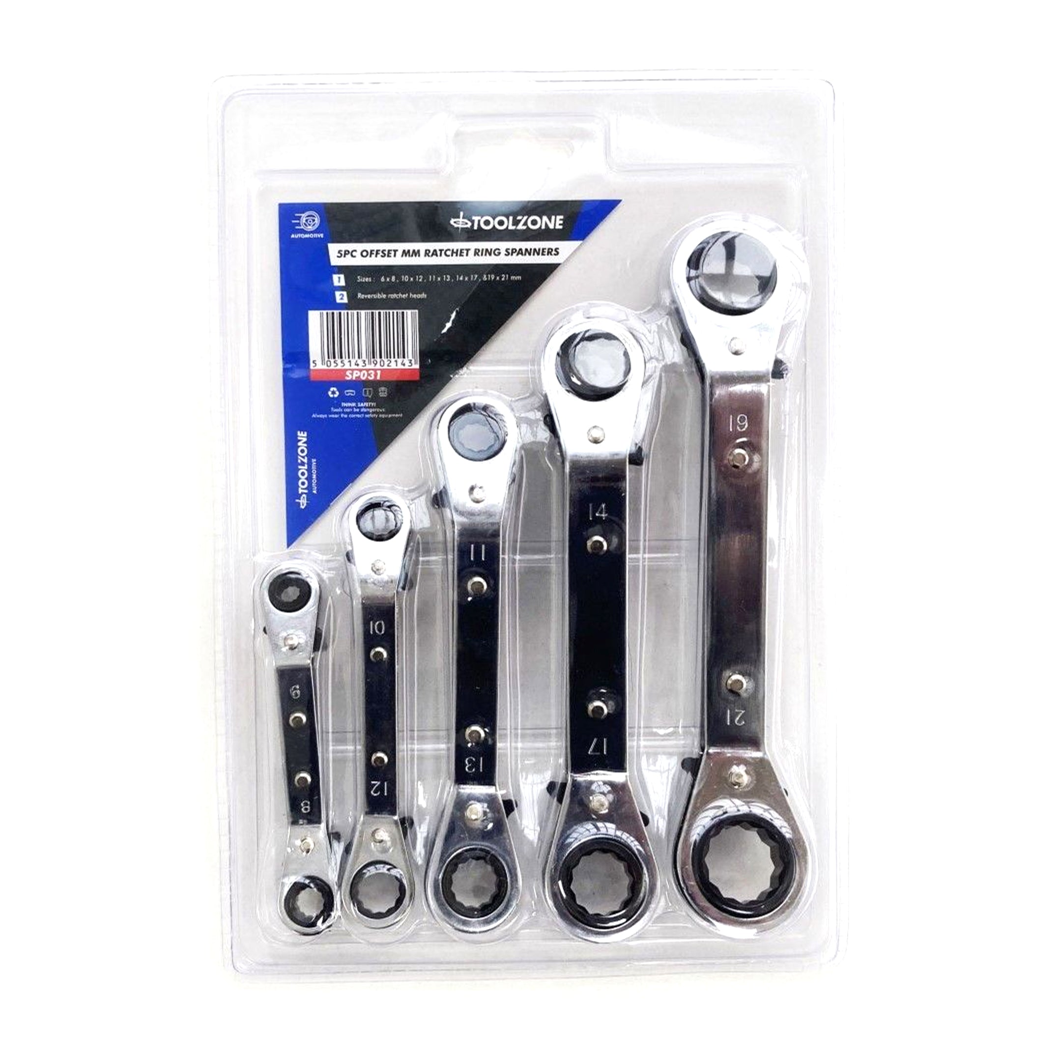 OFFSET RATCHET RING SPANNER SET 5PC 6x8mm TO 19x21mm - TOOLZONE KDPSP031