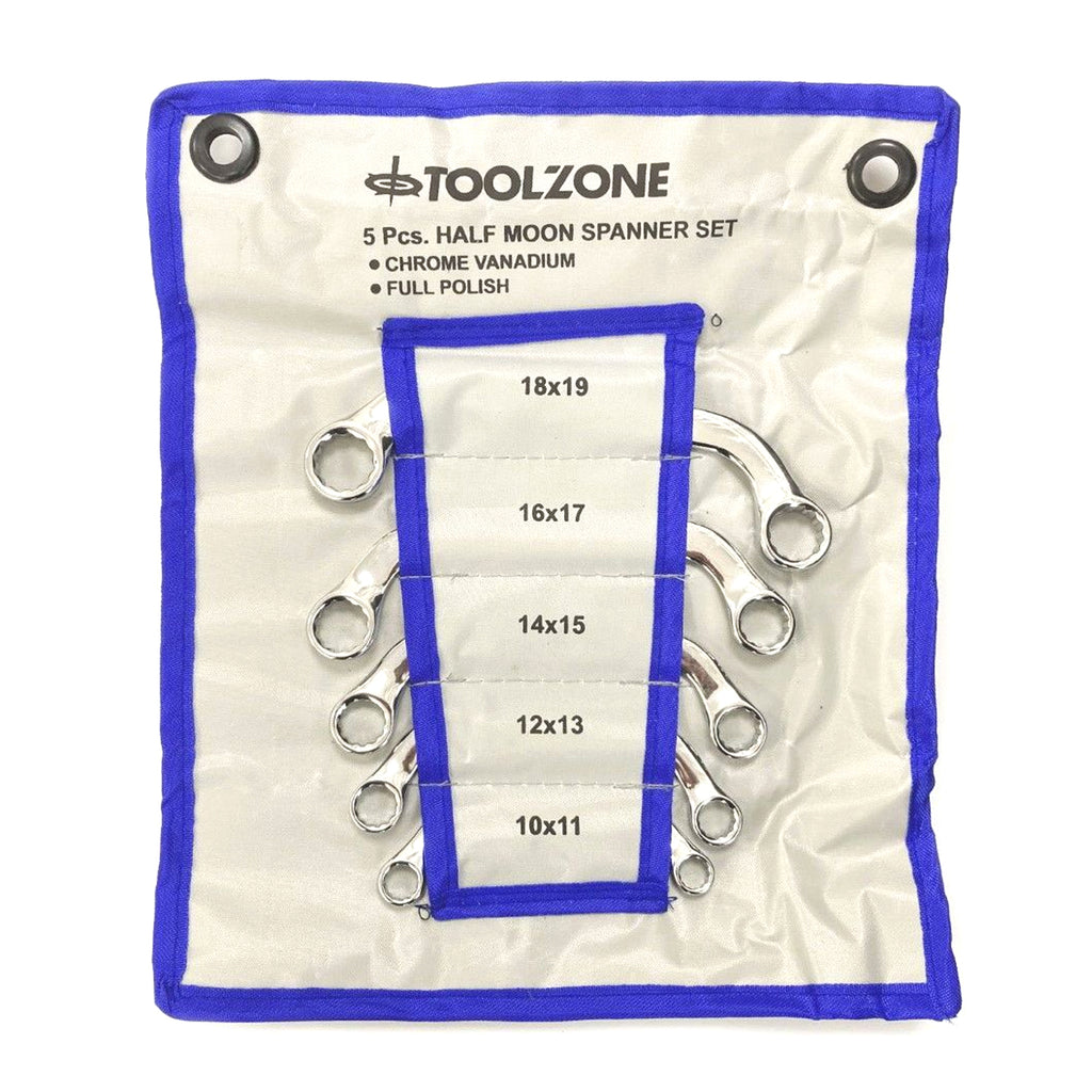 HALF MOON SPANNER SET 5PC 10x11mm TO 18x19mm CHROME VANADIUM SATIN - TOOLZONE KDPSP036