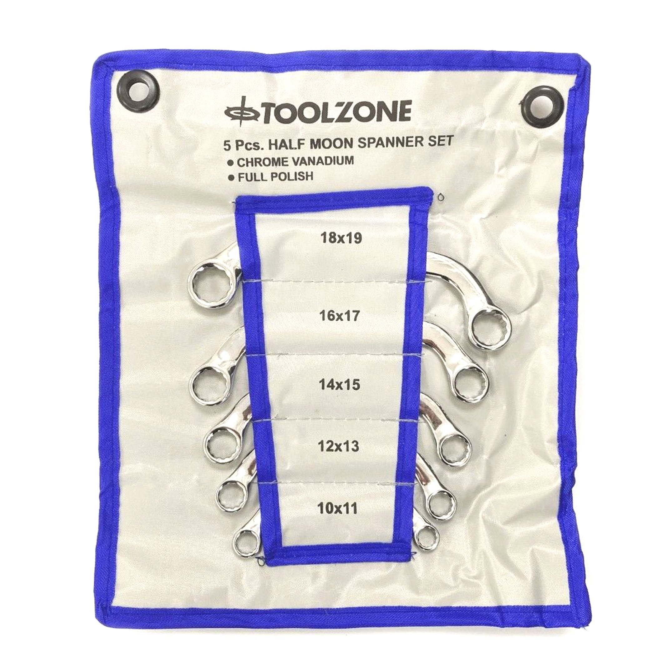 HALF MOON SPANNER SET 5PC 10x11mm TO 18x19mm CHROME VANADIUM SATIN - TOOLZONE KDPSP036