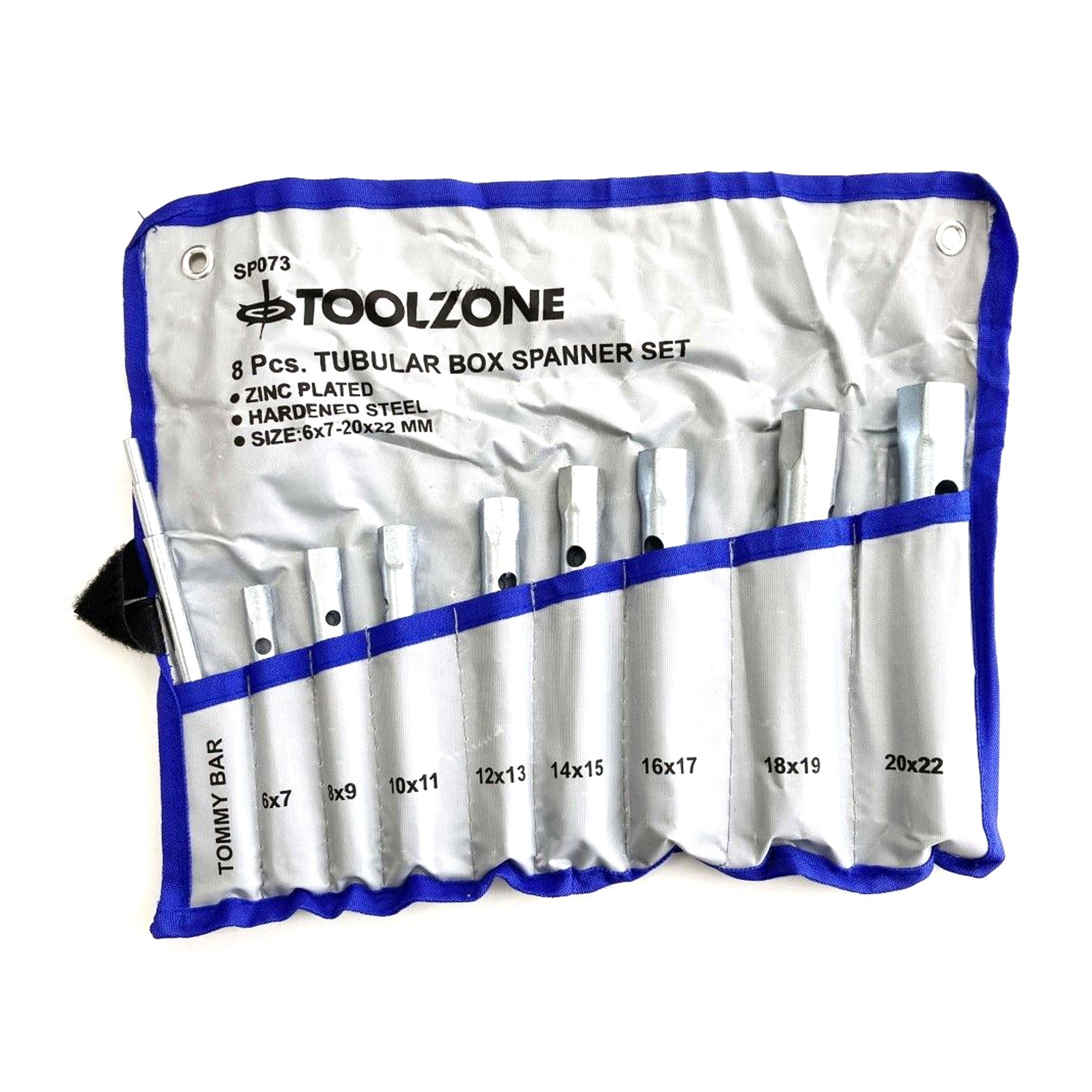 TUBULAR BOX SPANNER SET 8PC 6x7 TO 20x22mm WITH TOMMY BAR - TOOLZONE KDPSP073